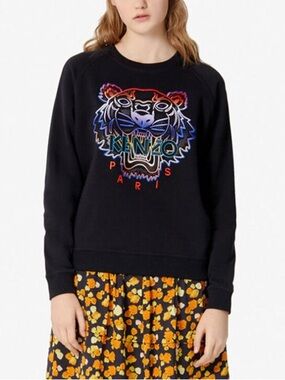 KENZO Woman’s Multi-Color Embroidered Tiger Head Sweater in Black size S